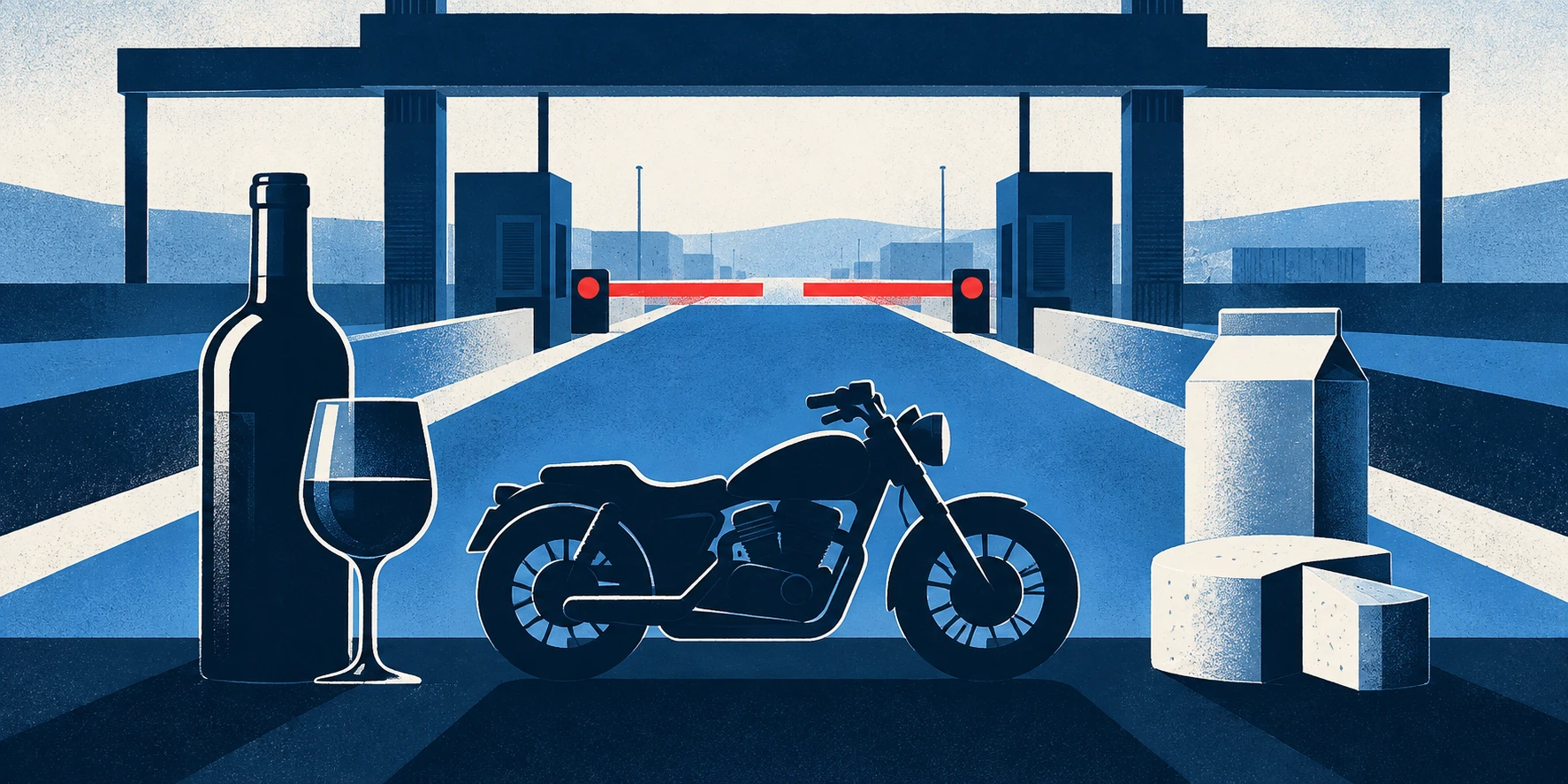 U.S. Sets Sept. 29 Import Bans on Canadian Alcohol, Motorcycles and Dairy. Editorial illustration.