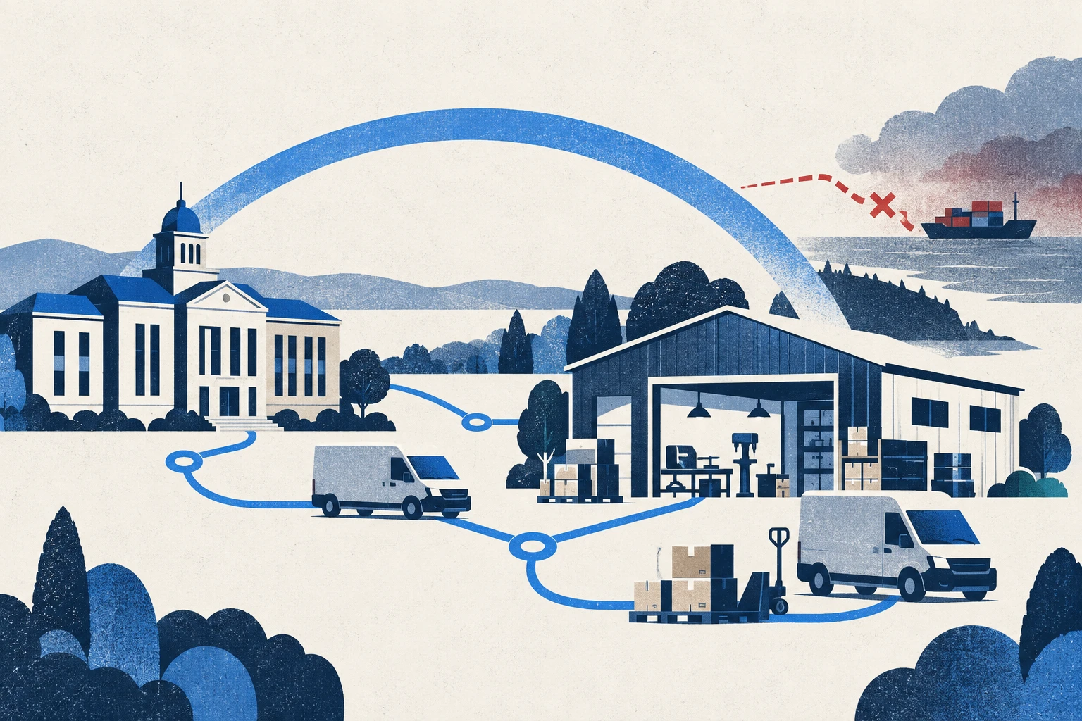 Quebec projects $1.5 billion local-buying boost from tariff response. Editorial illustration.