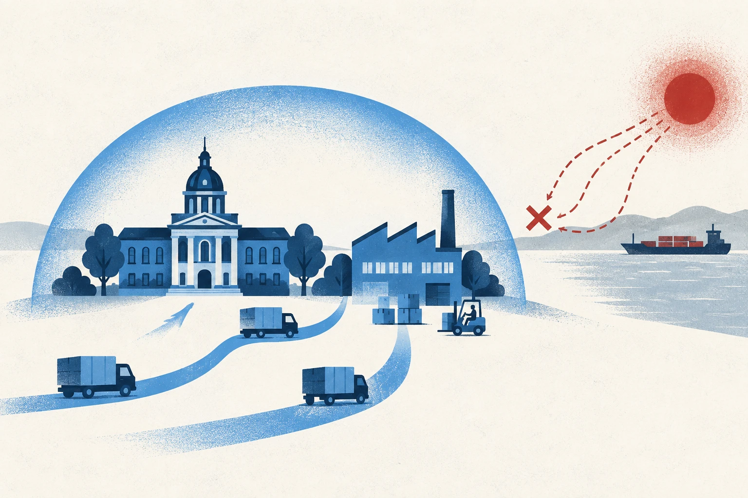 Quebec tightens local procurement rules and supplier support as Canadian counter-tariffs begin. Editorial illustration.
