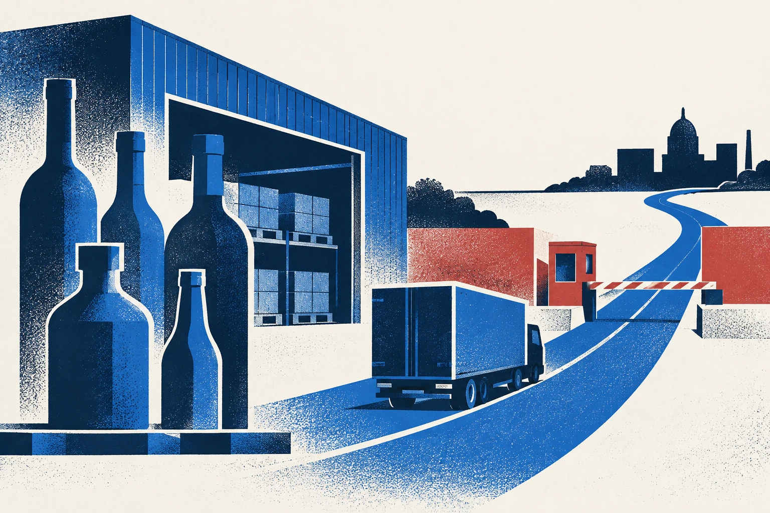 Saskatchewan’s 50% U.S. alcohol levy begins as federal counter-tariffs take effect. Editorial illustration.