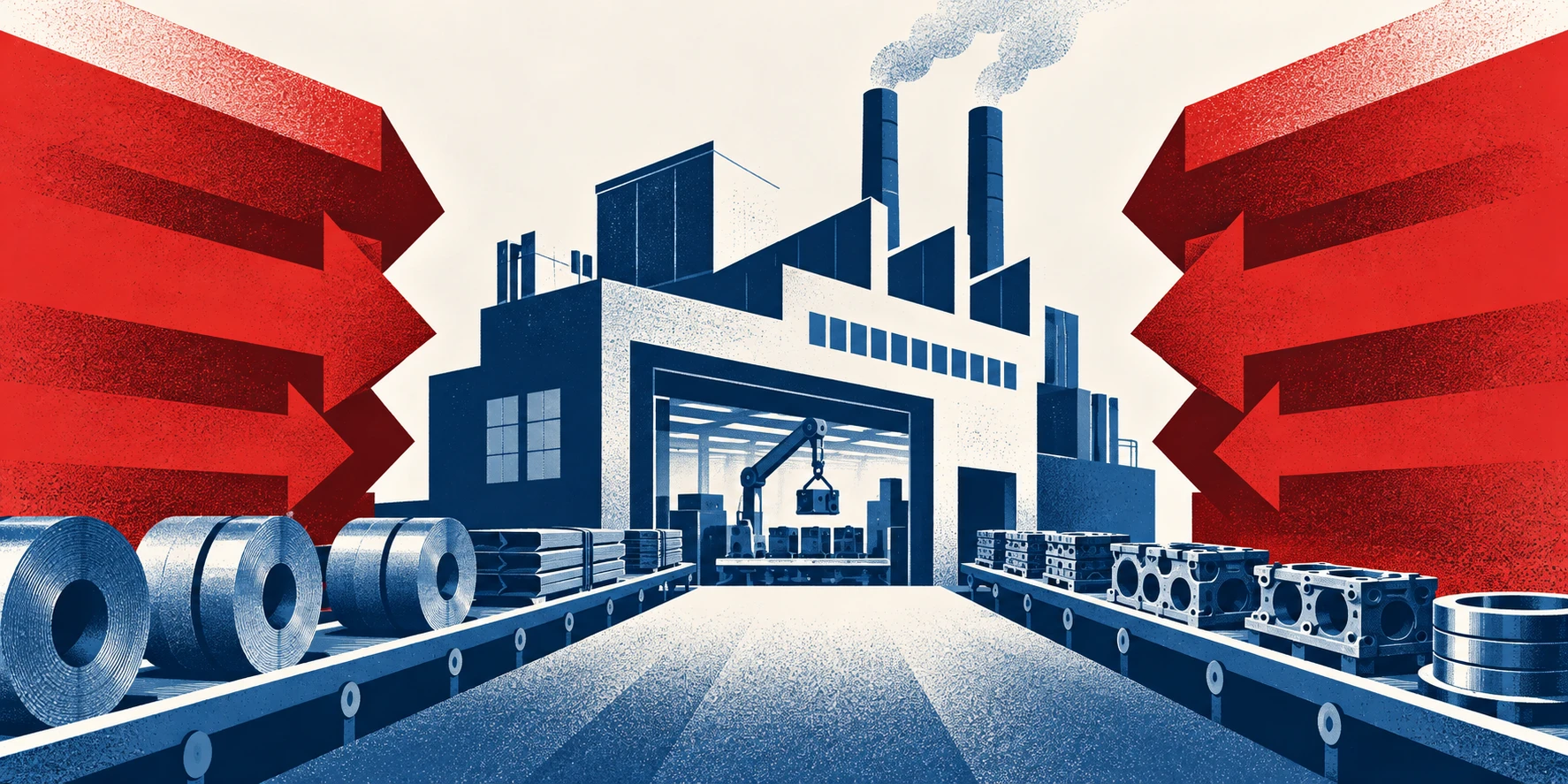Desjardins flags double tariff shock for Canadian manufacturers as counter-levies take effect. Editorial illustration.