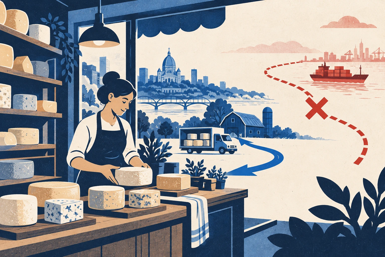 Montreal cheese retailers pivot toward Quebec products as tariff pressures reshape demand. Editorial illustration.