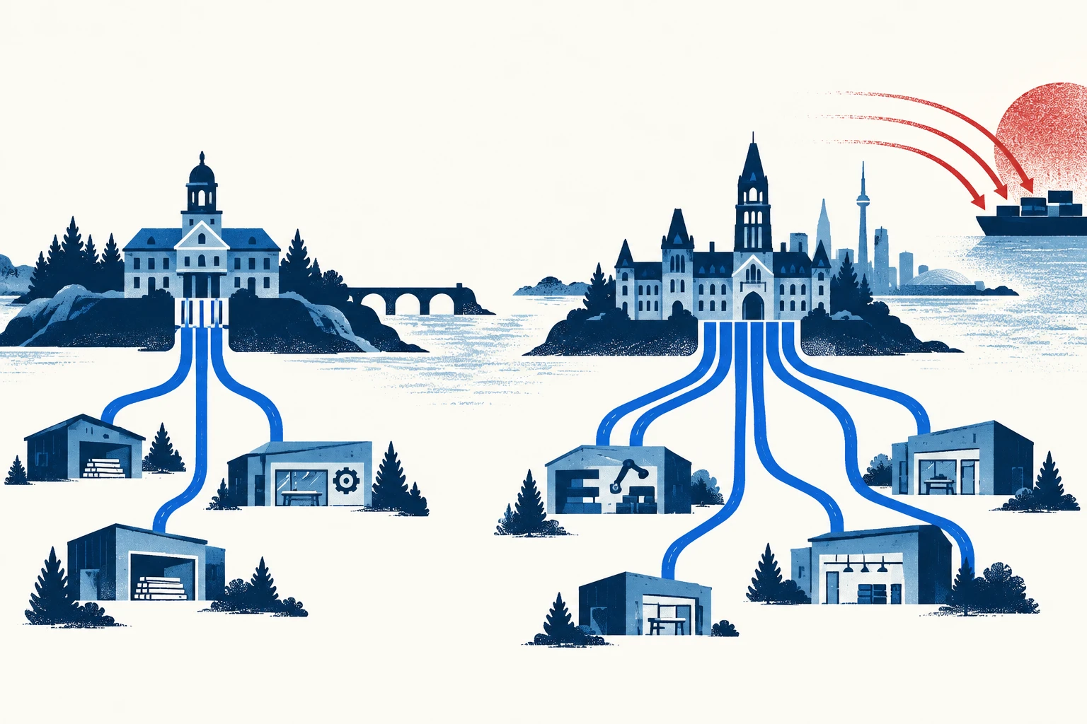 New Brunswick tightens public purchasing rules as Ontario broadens tariff aid. Editorial illustration.