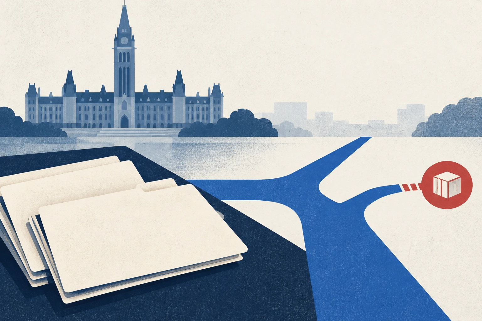 Carney says Canada is assessing latest U.S. measures and may adjust retaliation. Editorial illustration.