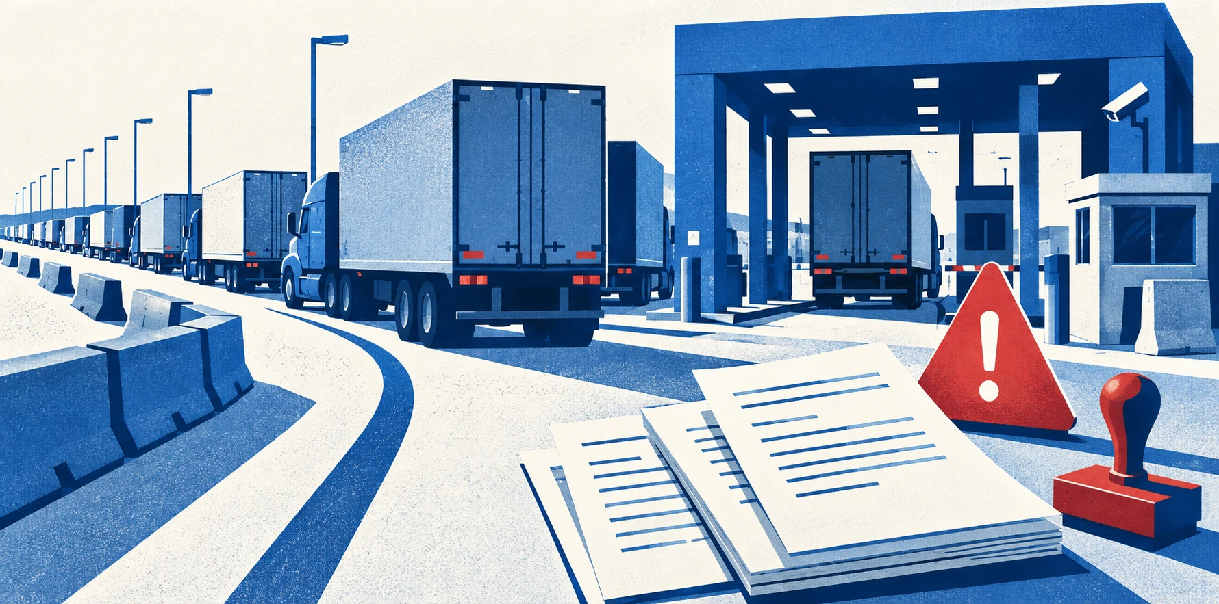 Cross-Border Shippers Report Steeper U.S. Customs Scrutiny and Penalties. Editorial illustration.