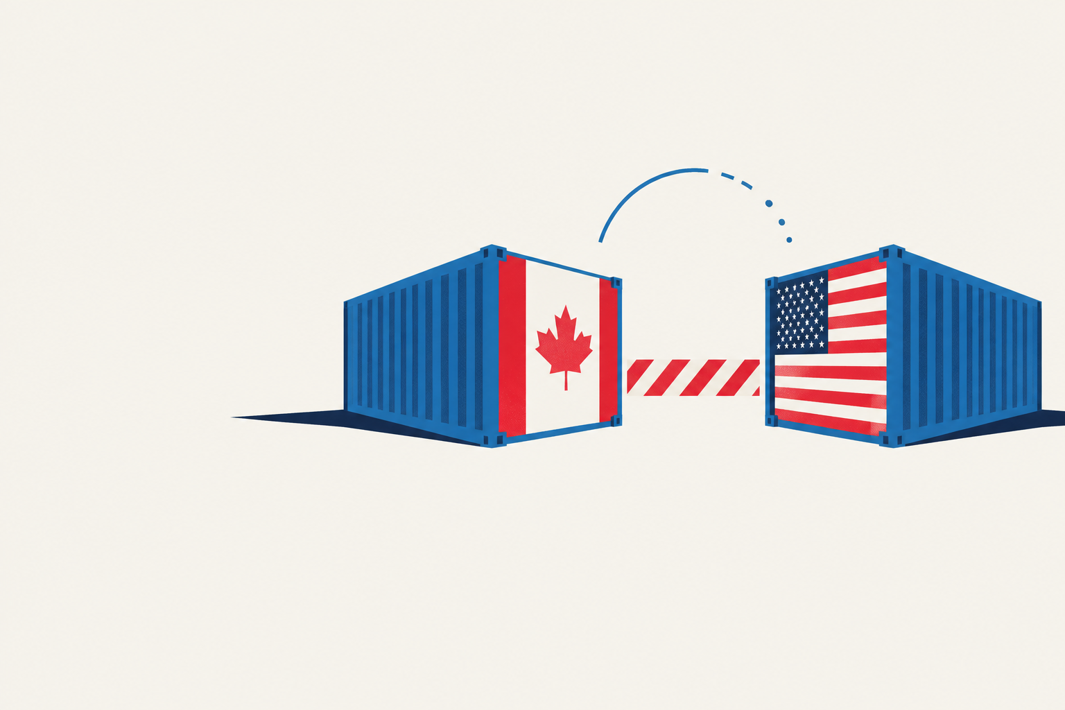 Editorial illustration representing: Canada-U.S. tariff standoff seen persisting through year-end