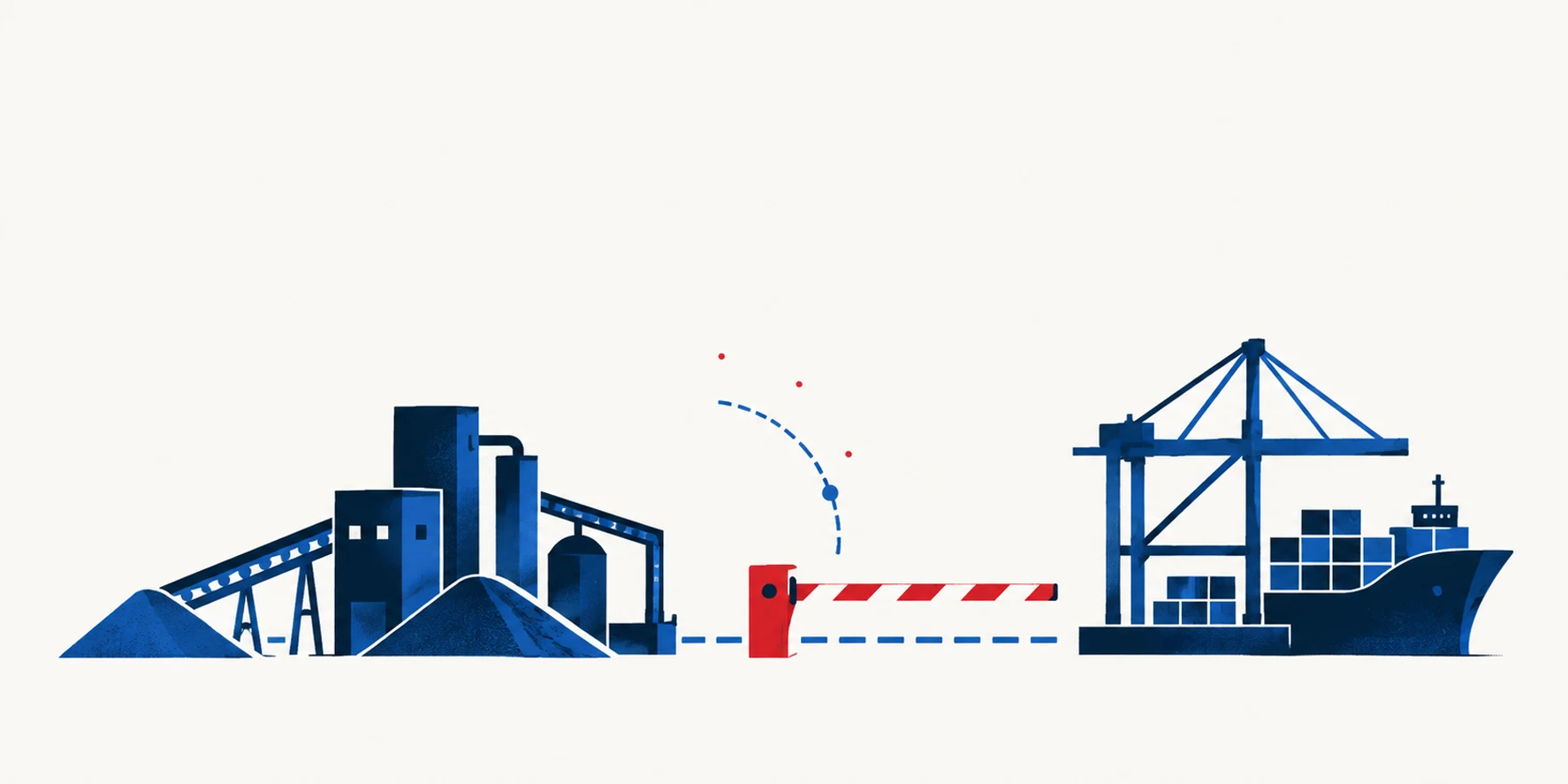 Editorial illustration of mineral samples, a processing facility, containers and a ship at a Canadian Pacific port.