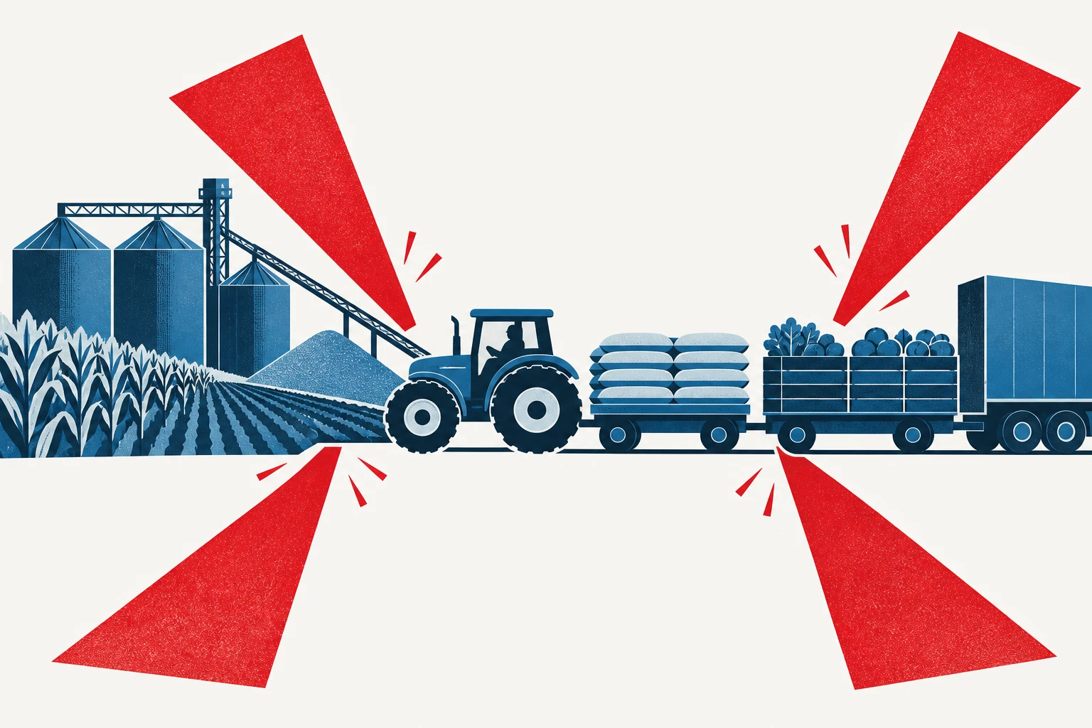 Editorial illustration representing: Economist Warns U.S.-Canada Tariff Conflict Could Deepen Risks for Agriculture
