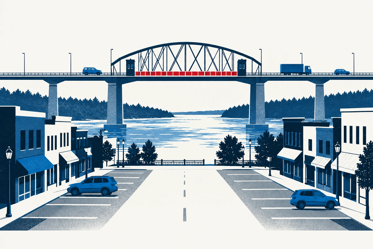 Editorial illustration representing: Border-town businesses report Canadian customer losses as cross-border shopping slows