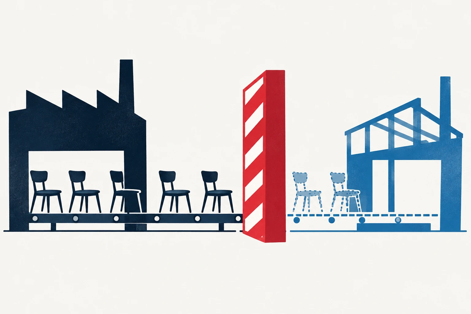 Editorial illustration representing: Ontario Chair Maker Weighs U.S. Production Shift as 50% Duty Hits Exports