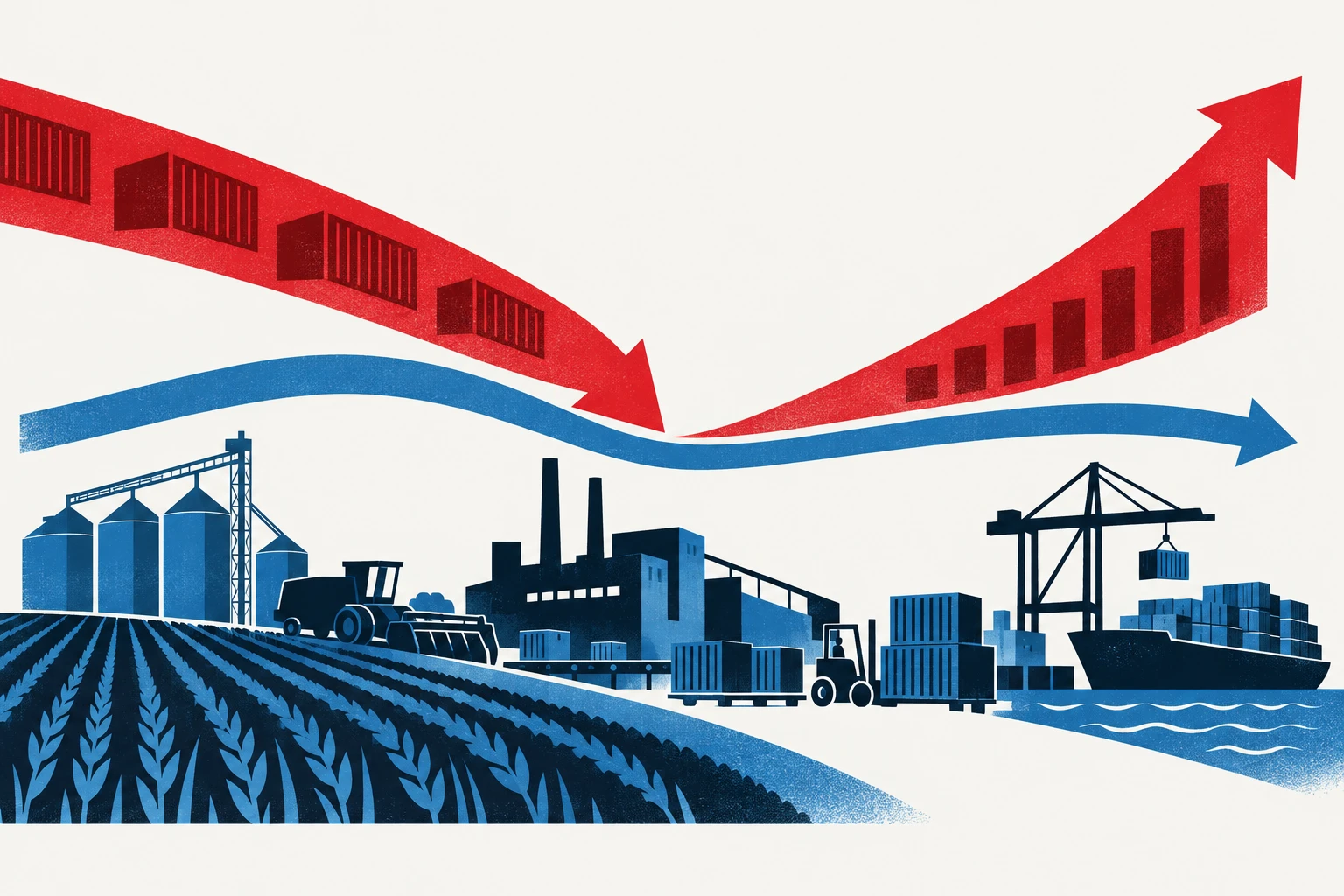 Editorial illustration representing: FCC Links Tariff Escalation and Higher Bond Yields to Weaker Canadian Growth Outlook