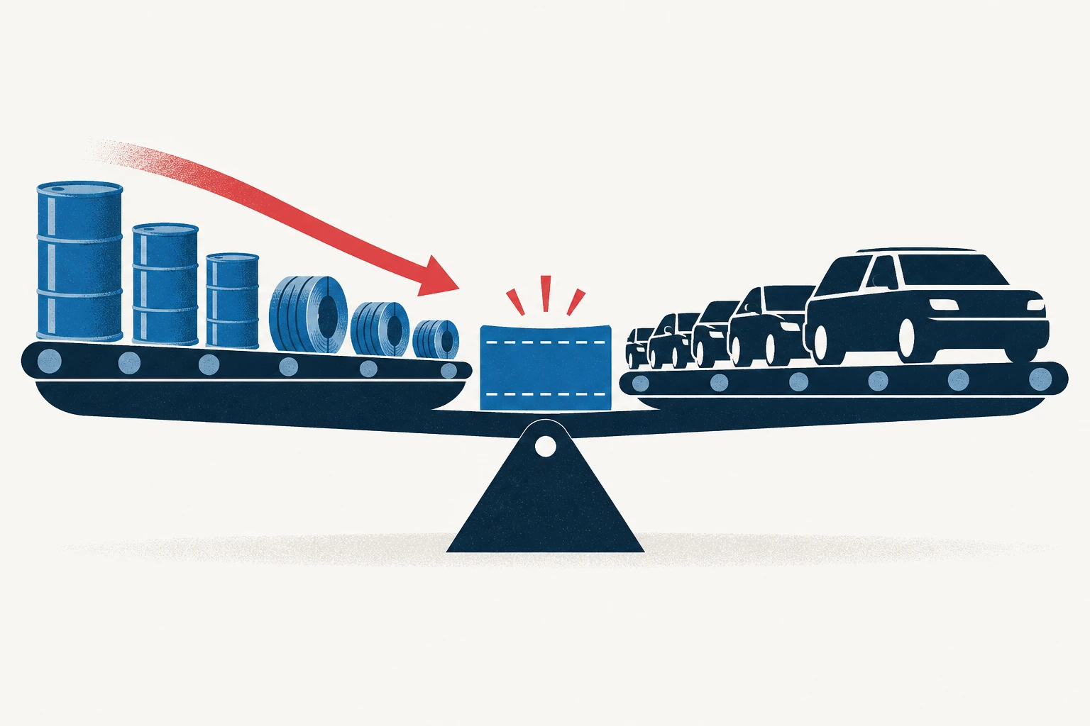 Editorial illustration representing: Canada’s July Goods Surplus Contracts as U.S. Exports Decline