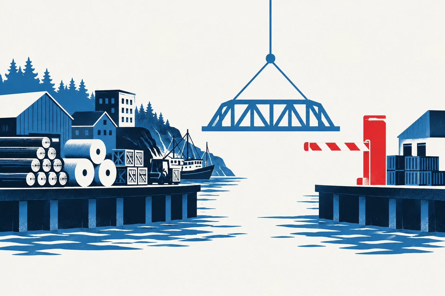 Editorial illustration representing: Sen. Susan Collins Cites $170 Million in Maine Exposure as She Urges Resumption of Canada Trade Talks