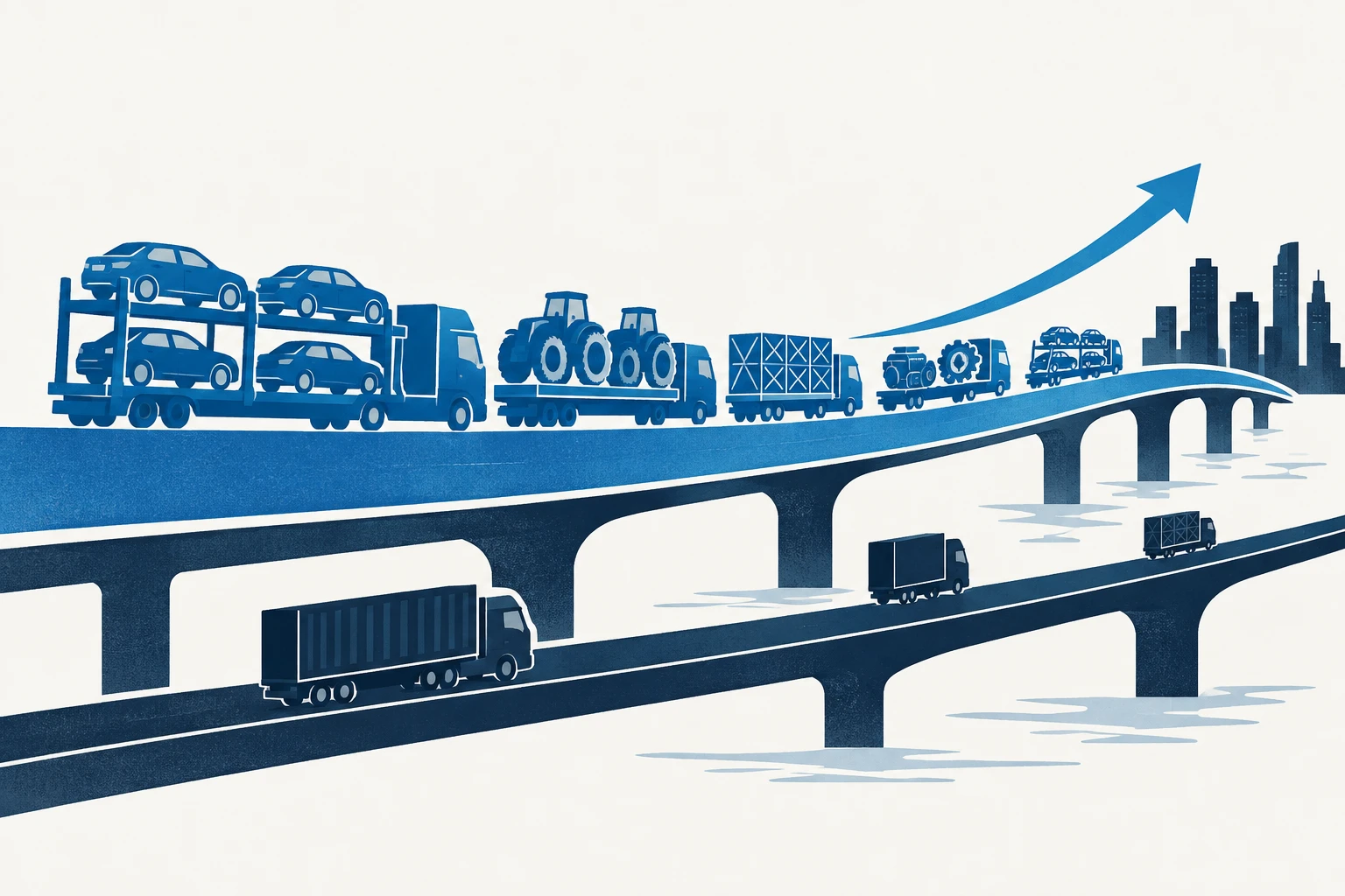Editorial illustration representing: Mexico’s Exports to Canada Rose 20.2% in First Half of 2026, Led by Vehicles