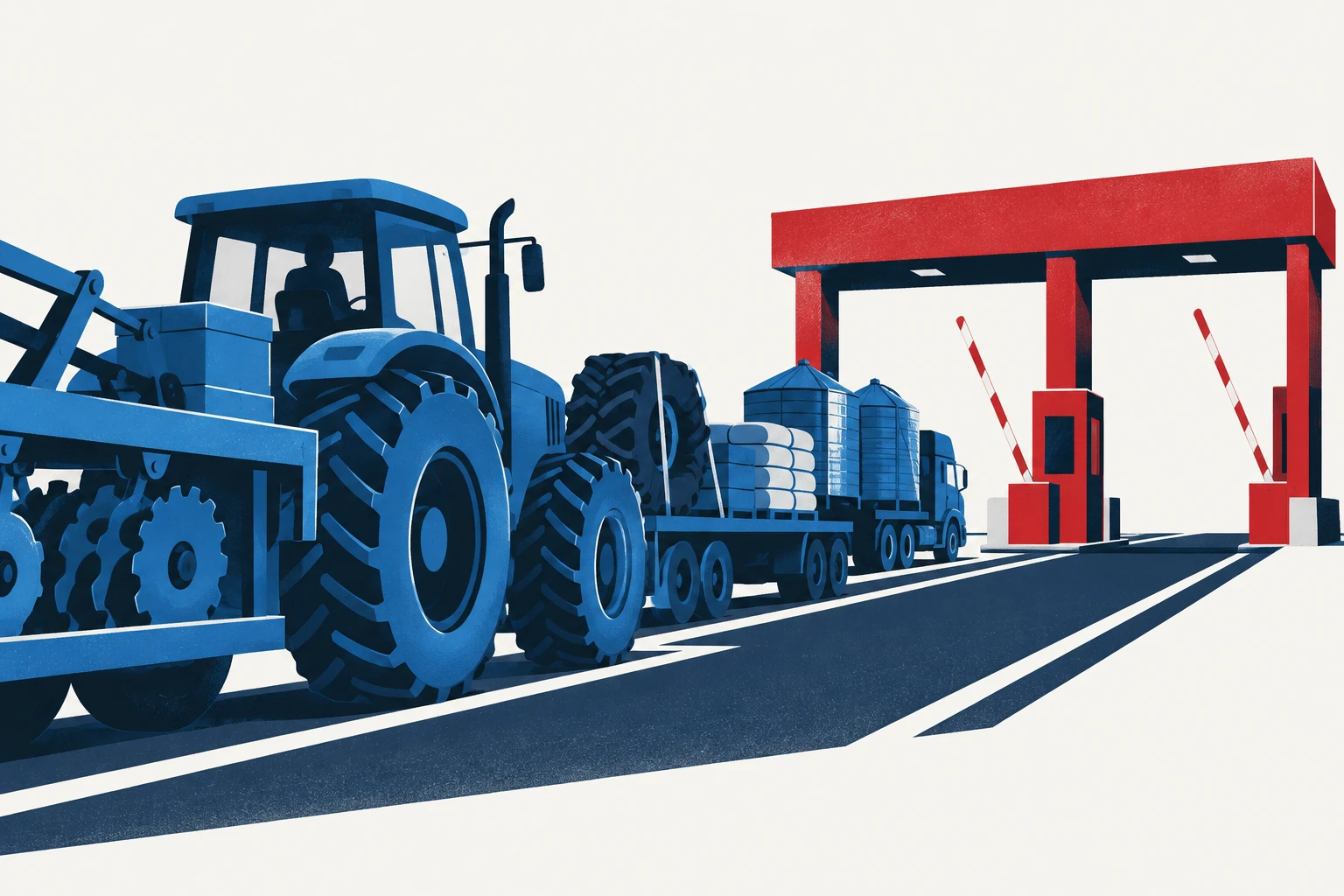 Editorial illustration representing: Montana Farm Bureau Flags Farm Equipment Exposure Ahead of Canadian Counter-Tariffs