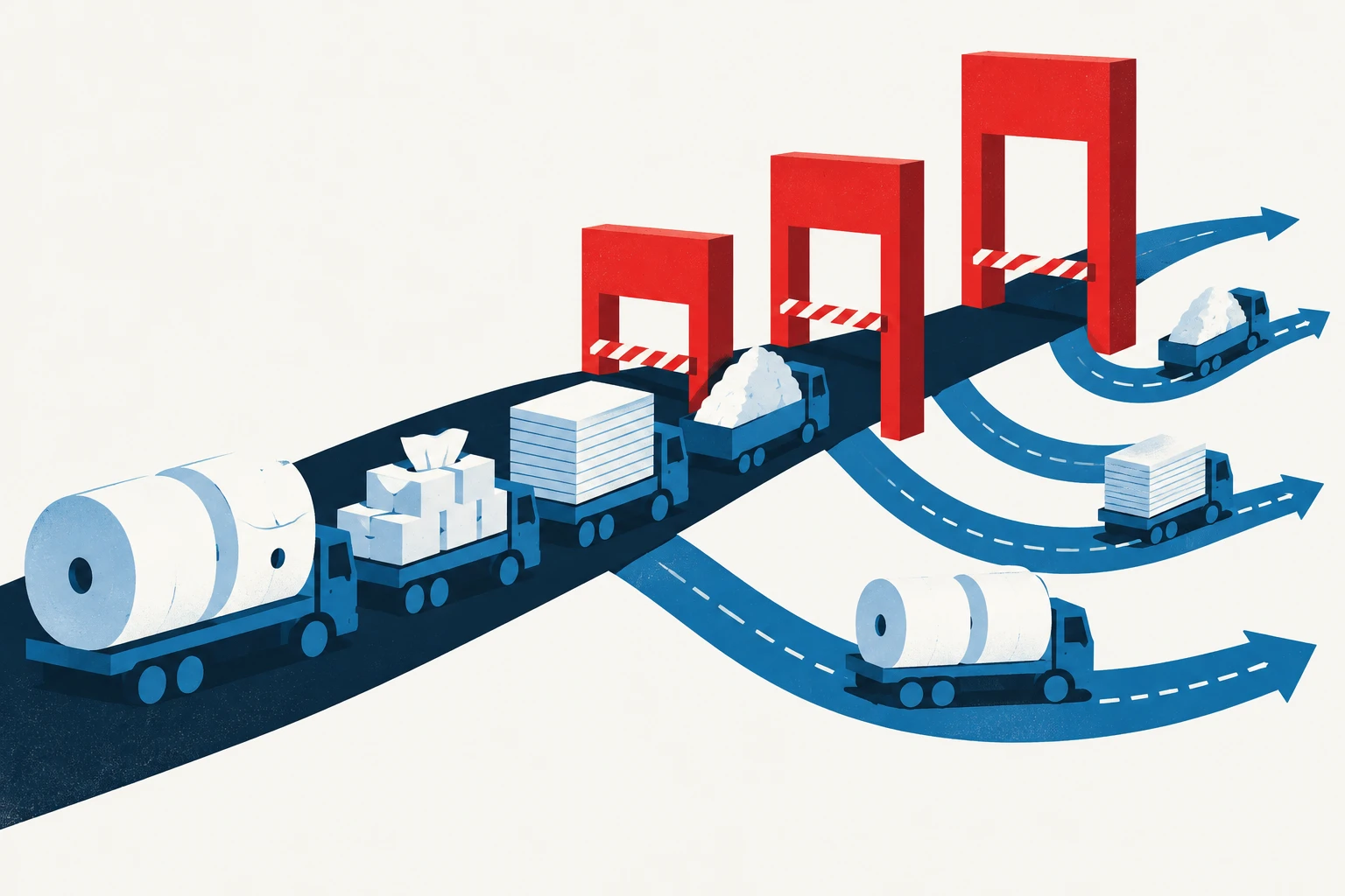 Editorial illustration representing: Paper and Tissue Importers Face 25–50% Tariffs on U.S. Goods