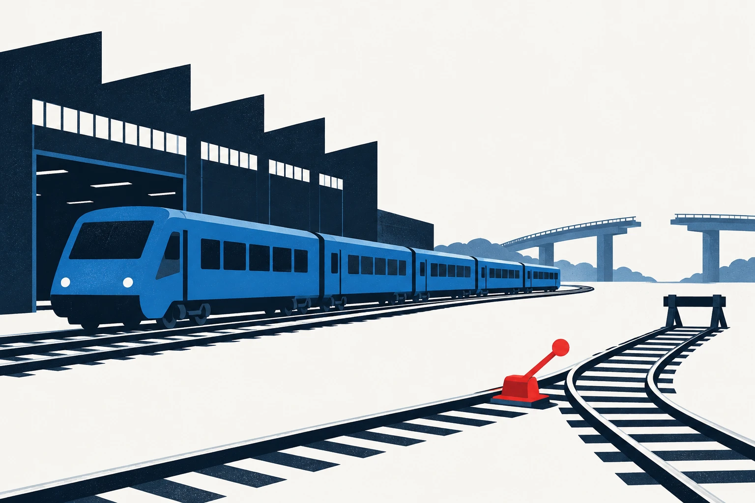 Editorial illustration representing: Carney Signals Openness to U.S. Deal as Canada Plans C$4.7 Billion Domestic Rail-Car Program