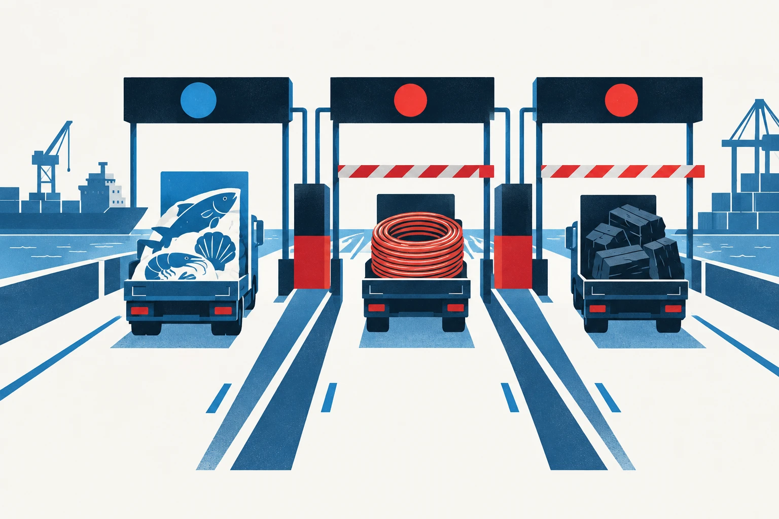 Editorial illustration representing: Report Says Canada Replaced Proposed U.S. Seafood Tariff With Duties on Copper Wire and Wood Charcoal