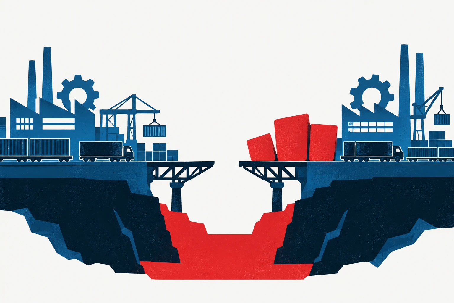 Editorial illustration representing: Carney Says U.S. Trade Terms Would Undermine Canadian Industry as Talks Remain Suspended