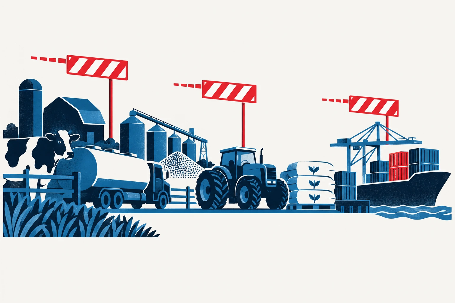 Editorial illustration representing: U.S. Farmers Face Dairy Export, Equipment and Fertilizer Risks Before Canadian Counter-Tariffs