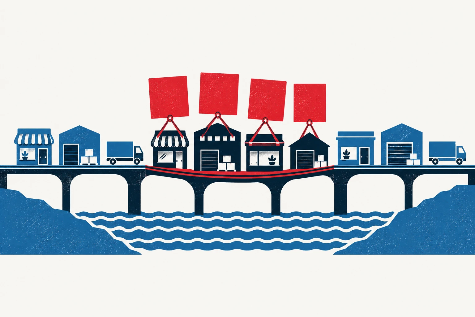 Editorial illustration representing: CFIB Survey Finds Nearly Half of Small Traders Facing New Canada-U.S. Tariff Costs