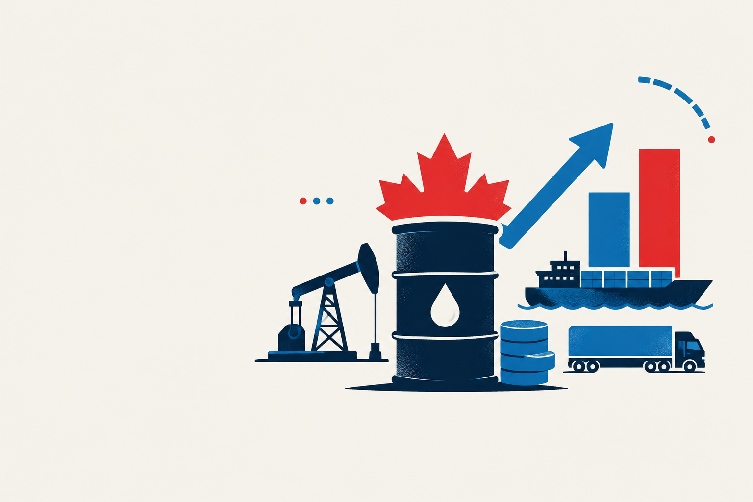 Editorial illustration representing: Oil-price surge could offset part of Canada’s tariff losses, CBC reports