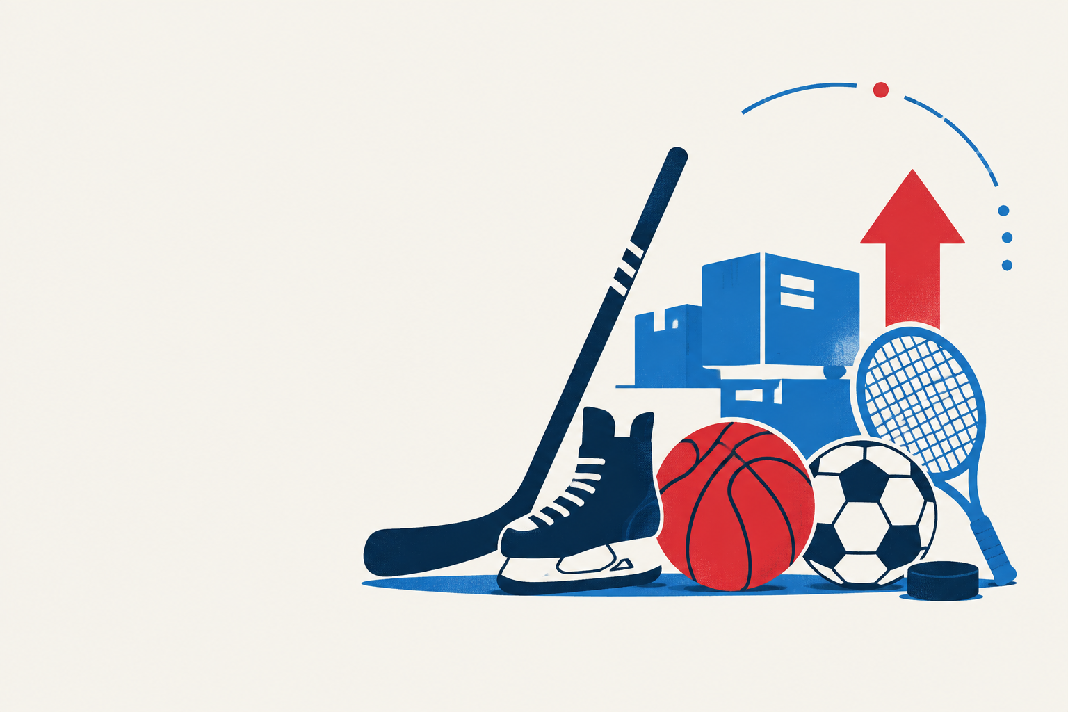 Editorial illustration representing: Sports groups seek tariff pause as retailers warn of higher equipment costs