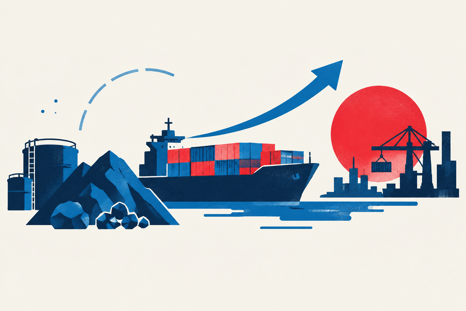 Editorial illustration representing: Canada’s First-Half Exports to China Rise 30%, Led by Energy and Minerals