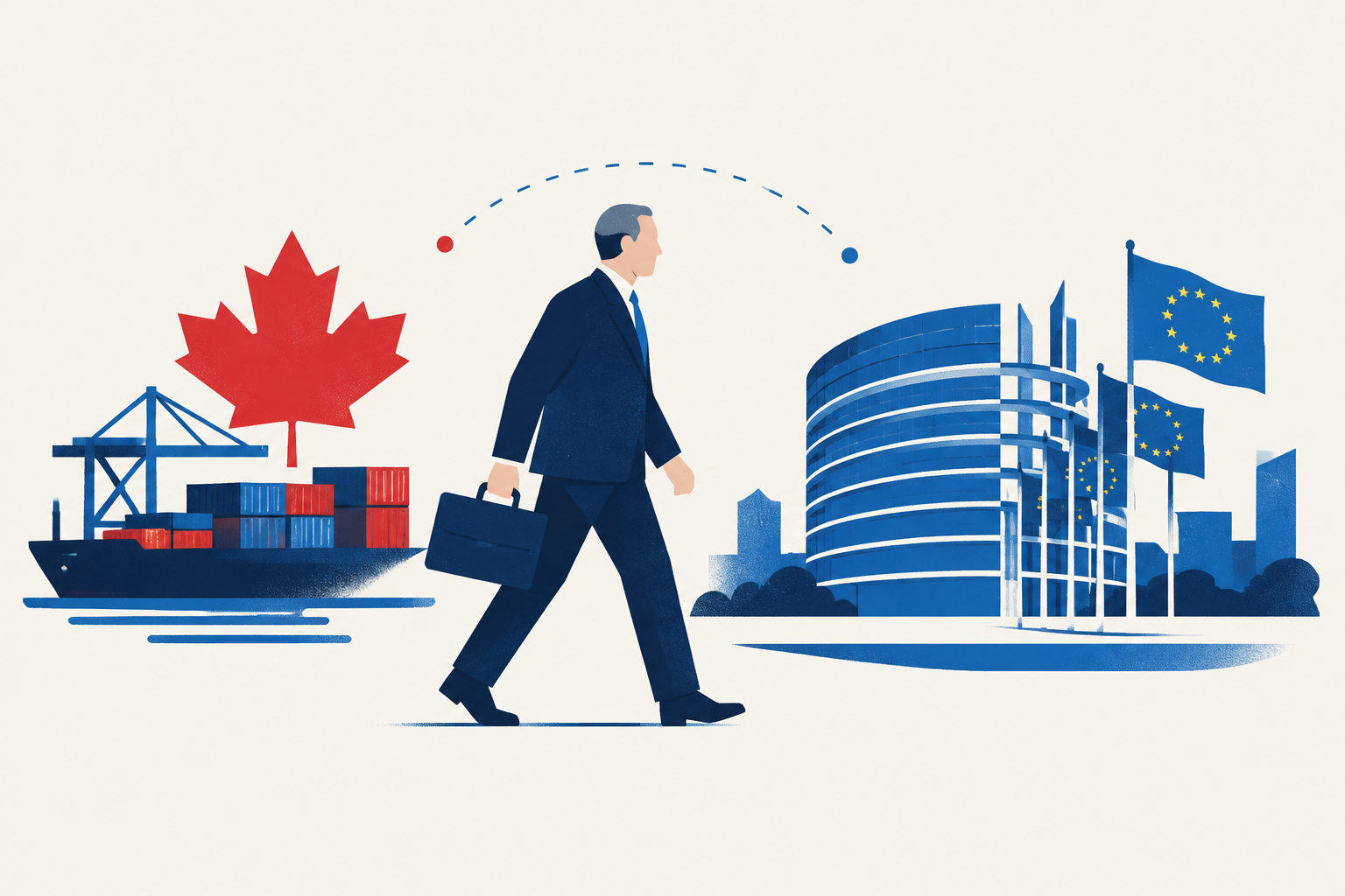 Editorial illustration representing: Carney opens Europe visit to pursue deeper Canada-EU trade and investment ties