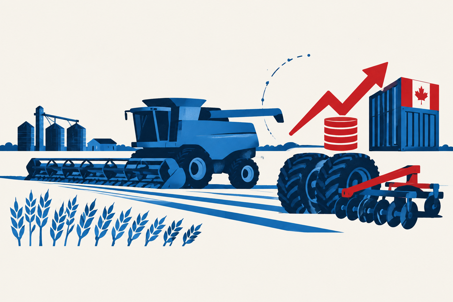 Editorial illustration representing: Montana grain farmers cite higher Canadian equipment costs amid tariff dispute