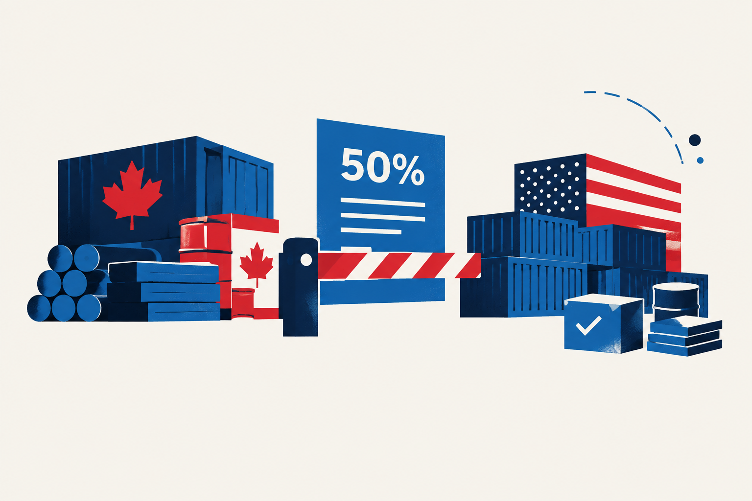 Editorial illustration representing: U.S. 50% tariffs take effect on 110 Canadian products as selected exemptions begin