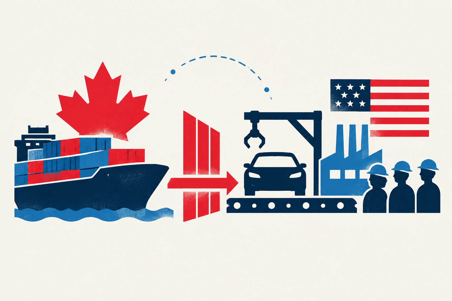 Editorial illustration representing: Alabama trade group flags hiring risk from Canada’s retaliatory tariffs