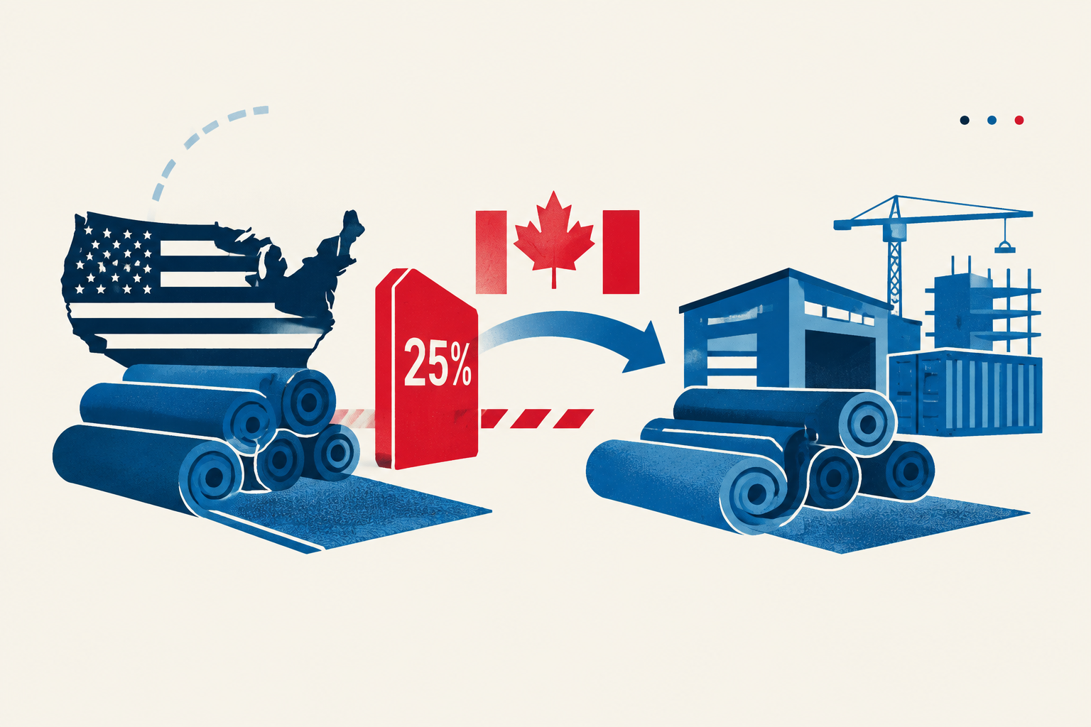 Editorial illustration representing: Canadian carpet tariff pushes commercial buyers toward non-U.S. suppliers