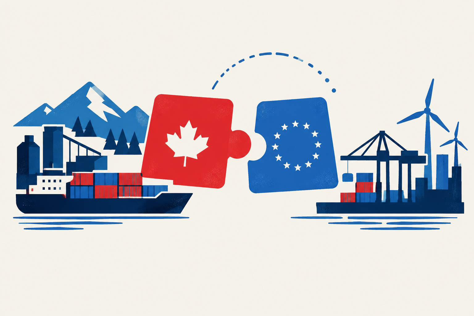 Editorial illustration representing: EU proposes talks on associate-member status for Canada as trade diversification push gathers pace