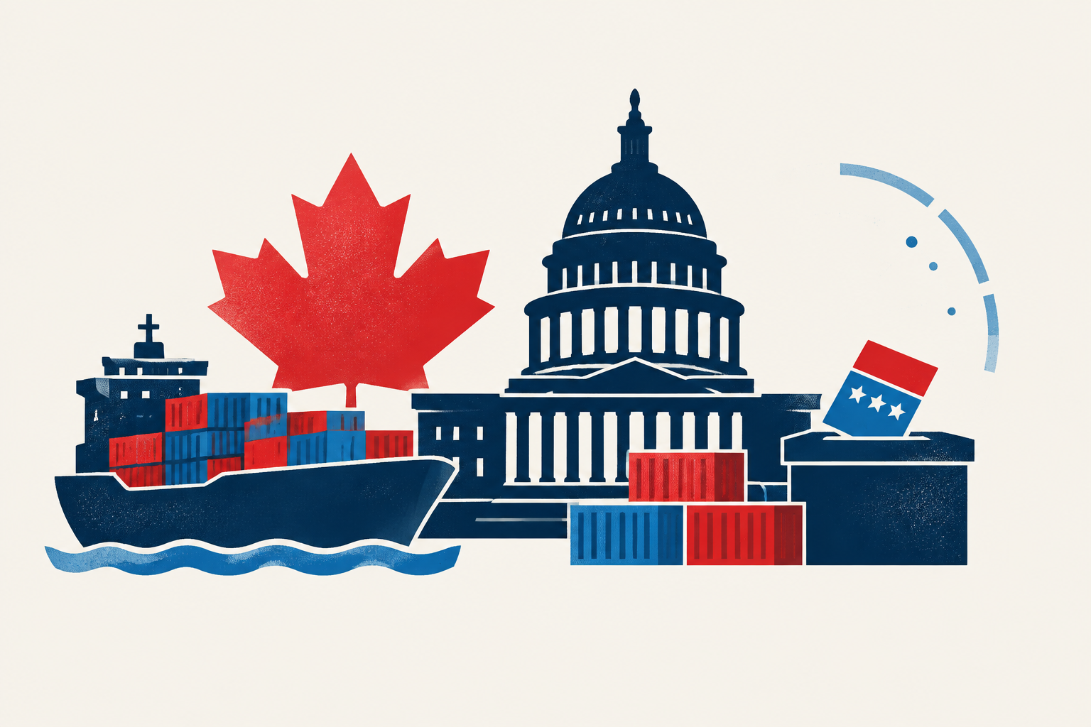 Editorial illustration representing: Former U.S. envoy sees little chance midterms will shift Canada tariff policy