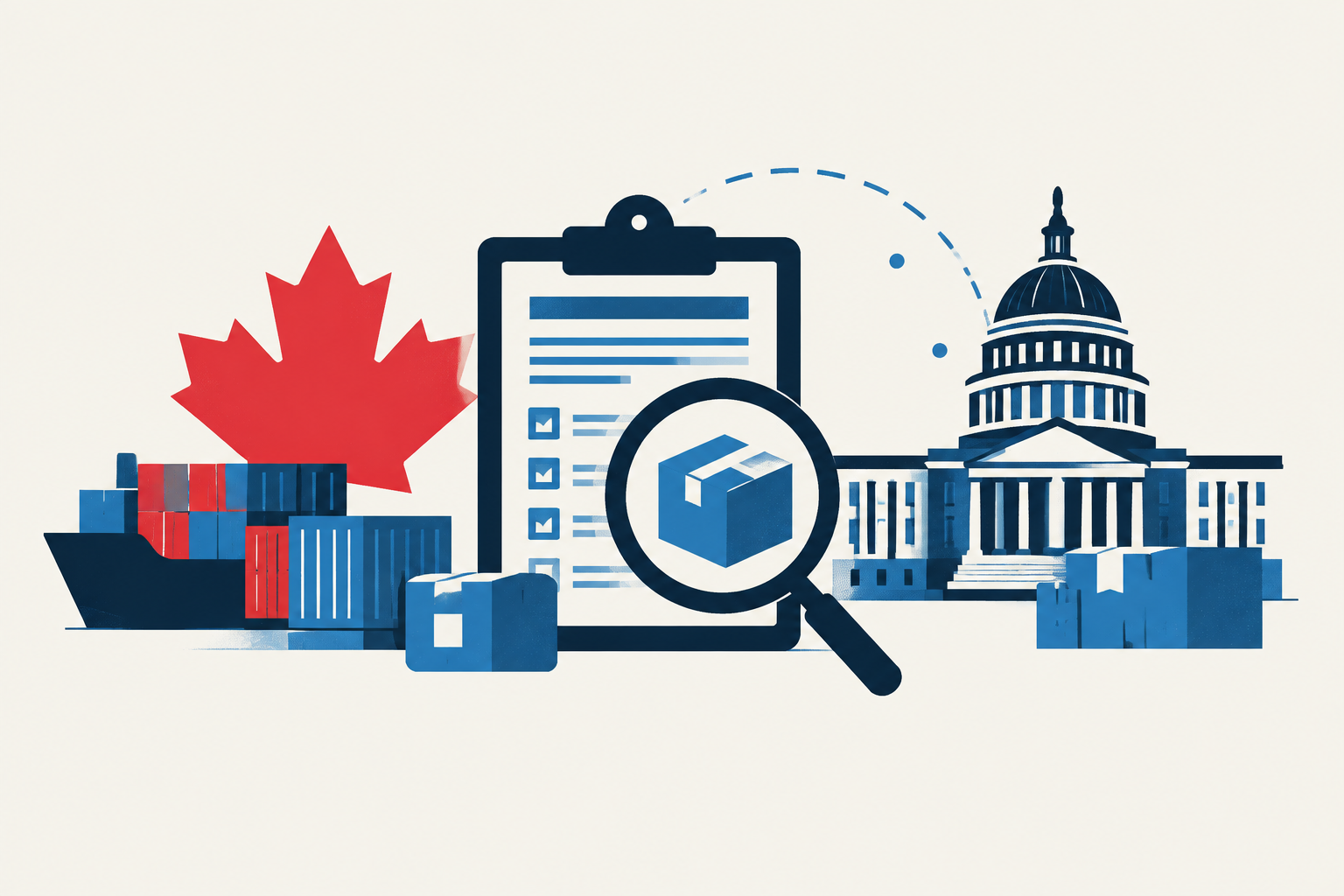 Editorial illustration representing: Trump memorandum directs review of Canadian goods in U.S. federal procurement