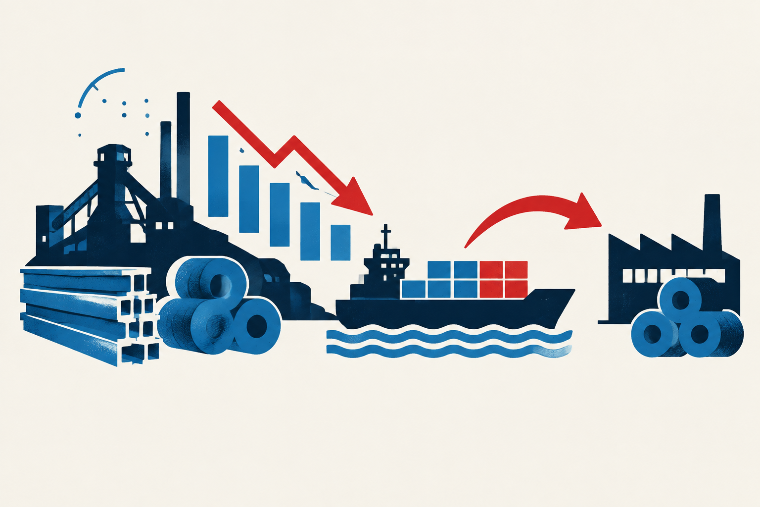 Editorial illustration representing: Canadian steel output and U.S. shipments weaken as producers restructure