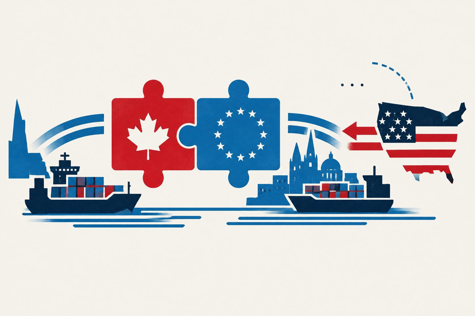 Editorial illustration representing: Carney Backs Deeper Canada-E.U. Integration as Trump Warns of Tariffs on Europe