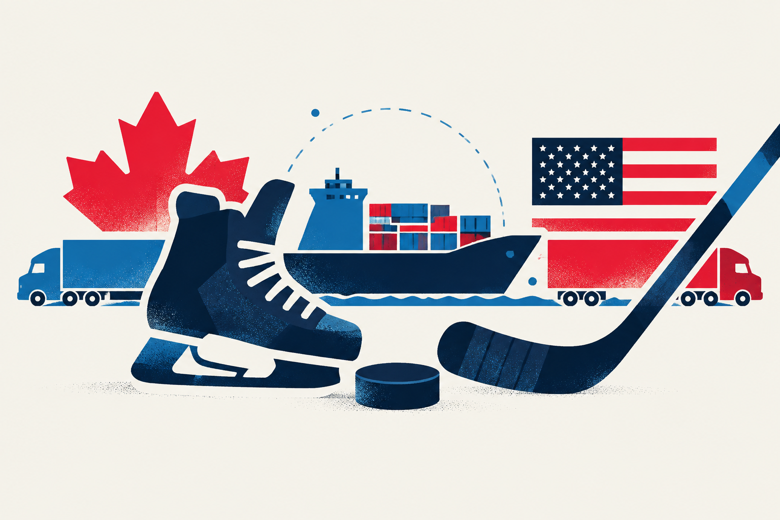 Editorial illustration representing: Sports-sector assessment flags cross-border exposure as Canada-U.S. tariff dispute reaches hockey equipment