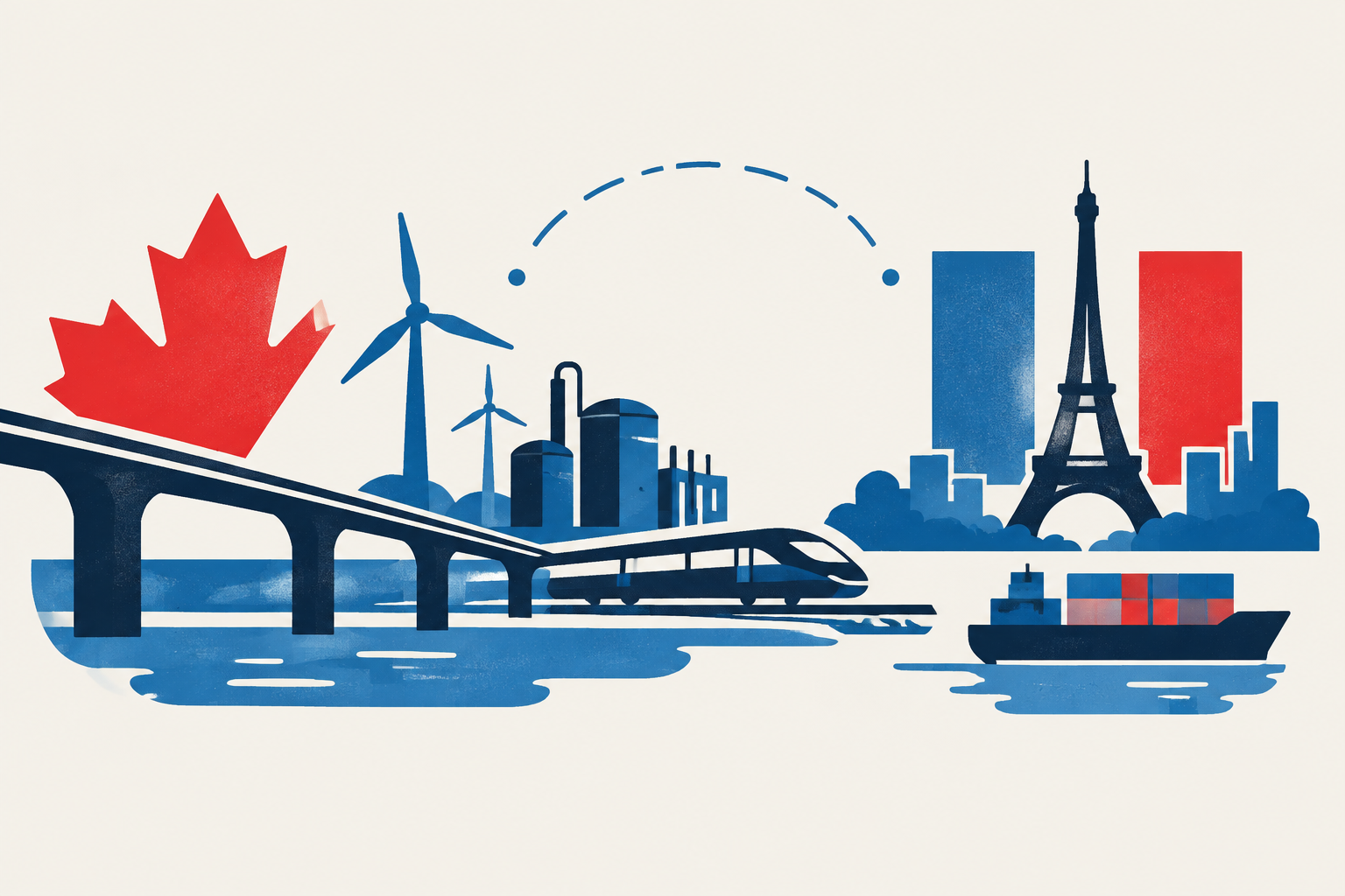 Editorial illustration representing: Canada and France Set Infrastructure Cooperation as Ottawa Deepens European Links