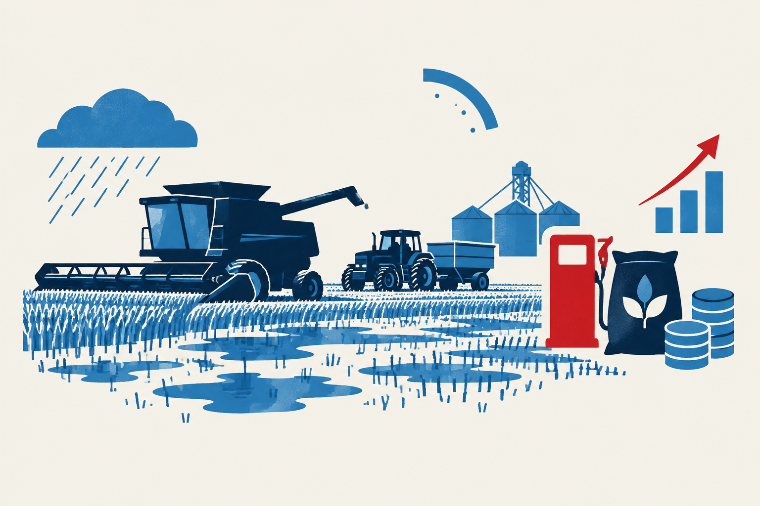 Editorial illustration representing: Wet harvest conditions and elevated fuel costs squeeze Prairie farm margins