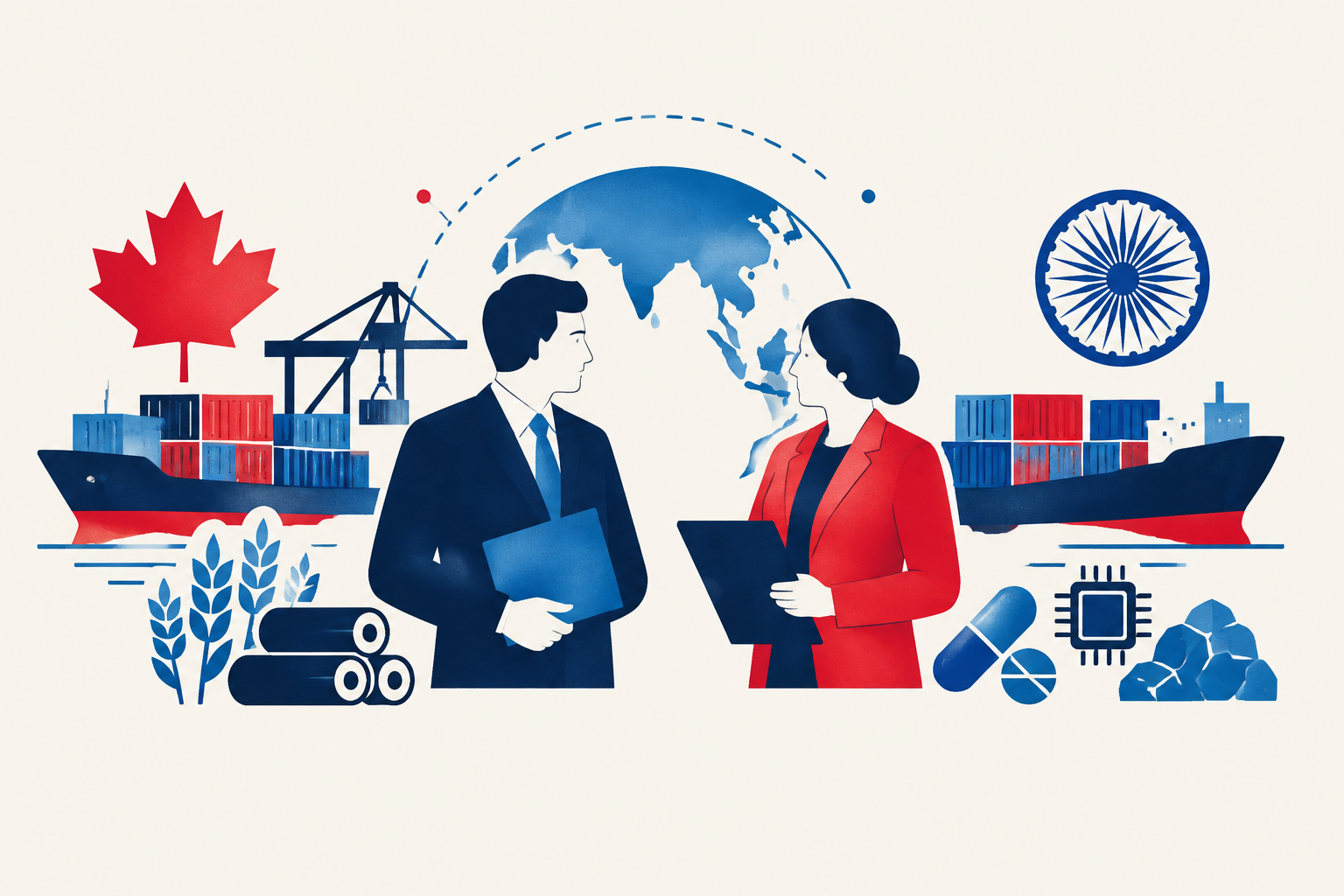 Editorial illustration representing: Canada, India reaffirm 2026 target for comprehensive trade pact