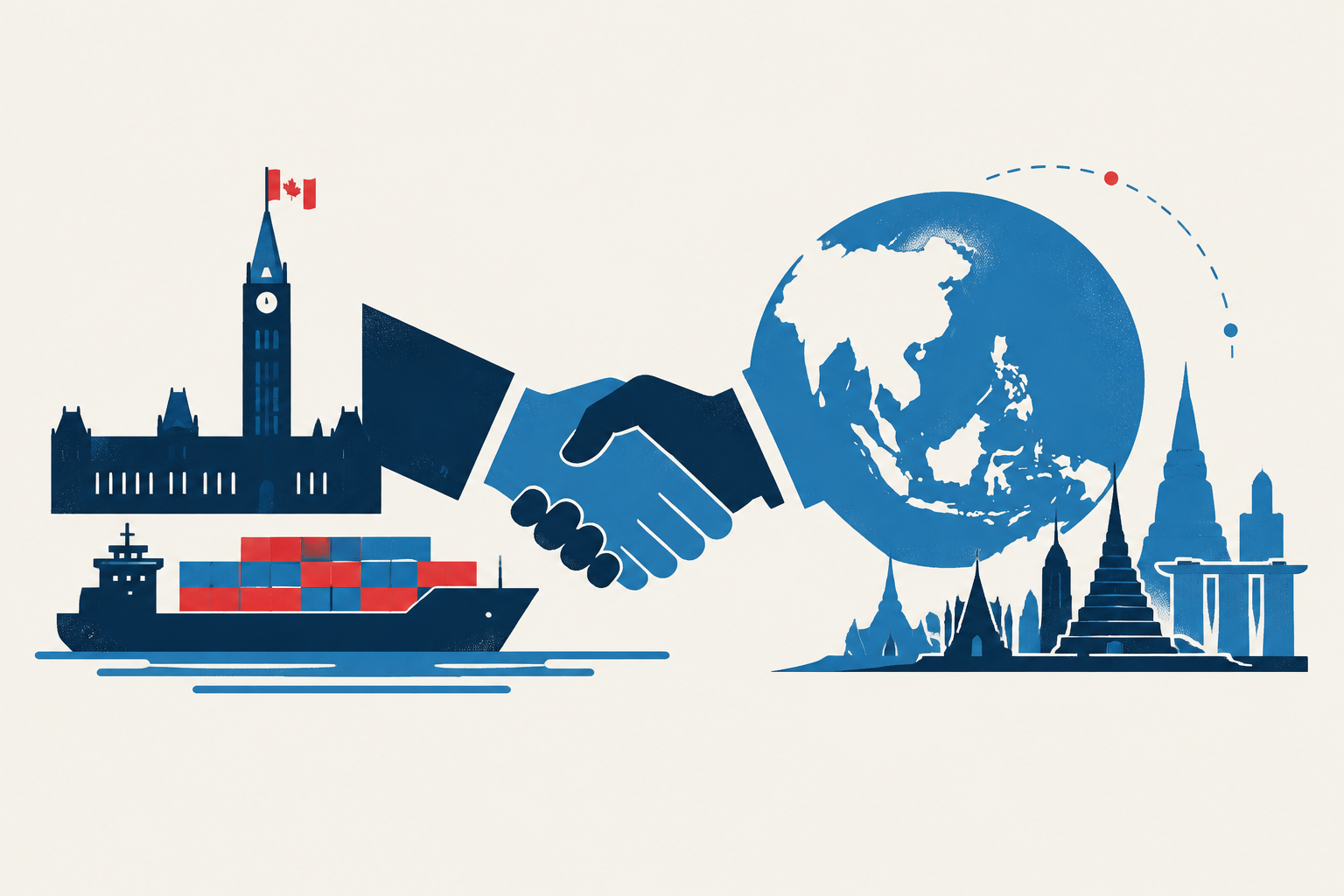 Editorial illustration representing: Canada targets November finish for Philippines and ASEAN trade agreements