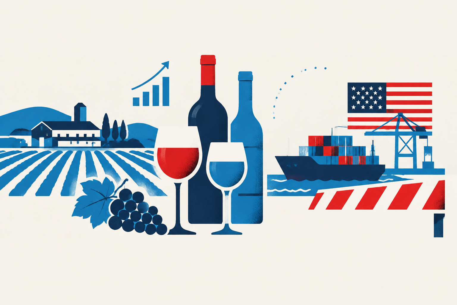Editorial illustration representing: Canadian wine sales rise at home as U.S. restrictions threaten export market