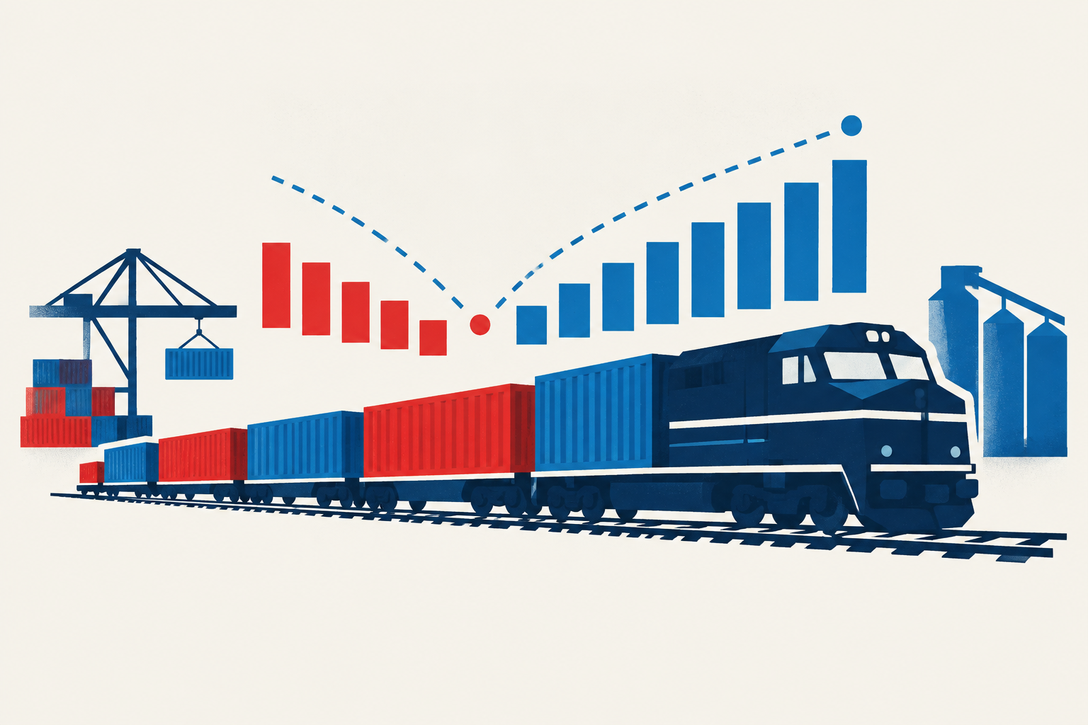 Editorial illustration representing: Canada-U.S. Rail Volumes Rebound After Short-Lived Ban Shock
