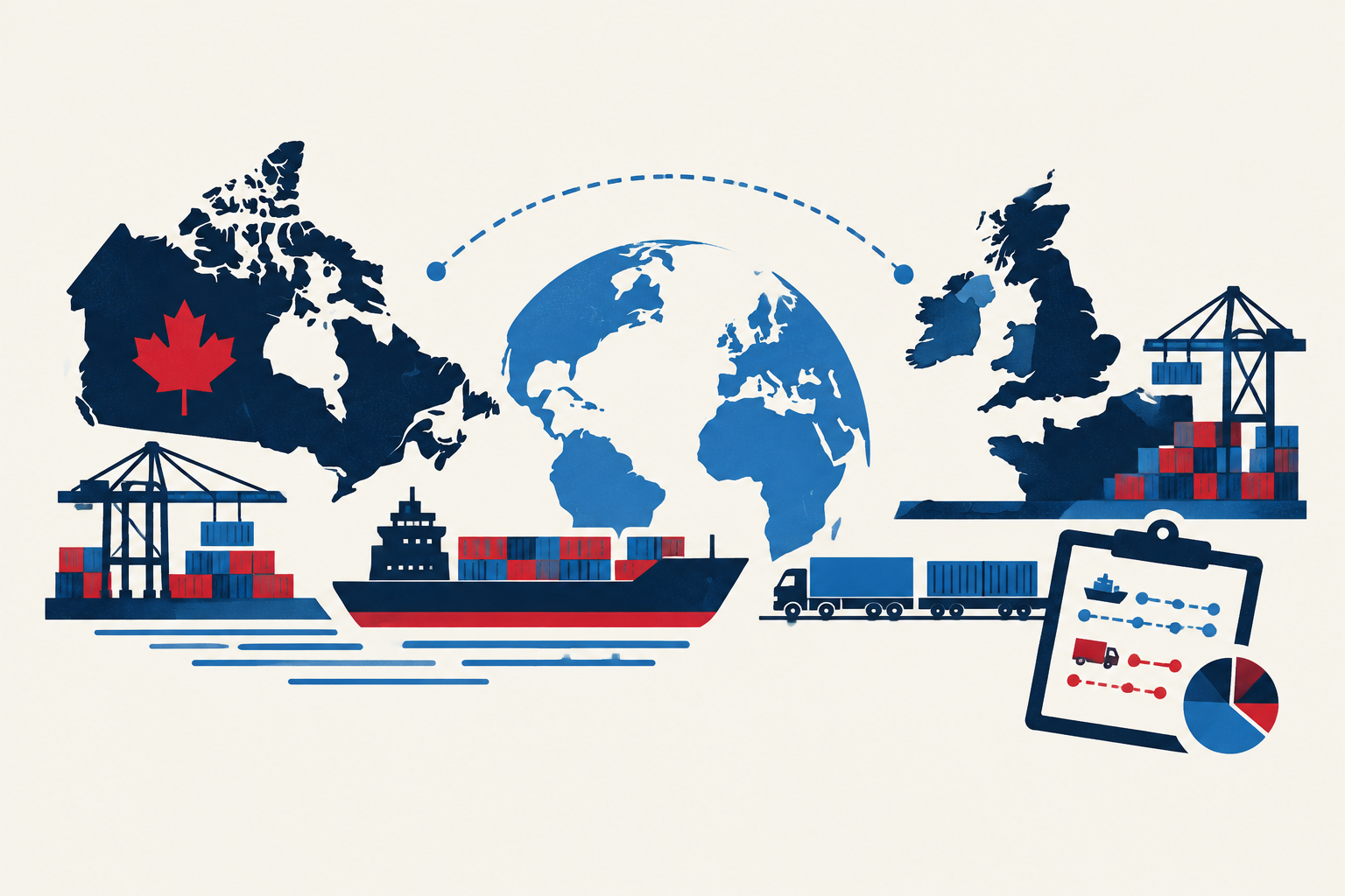 Editorial illustration representing: Canadian Importers Test European and UK Supply Routes as U.S. Trade Friction Alters Freight Planning