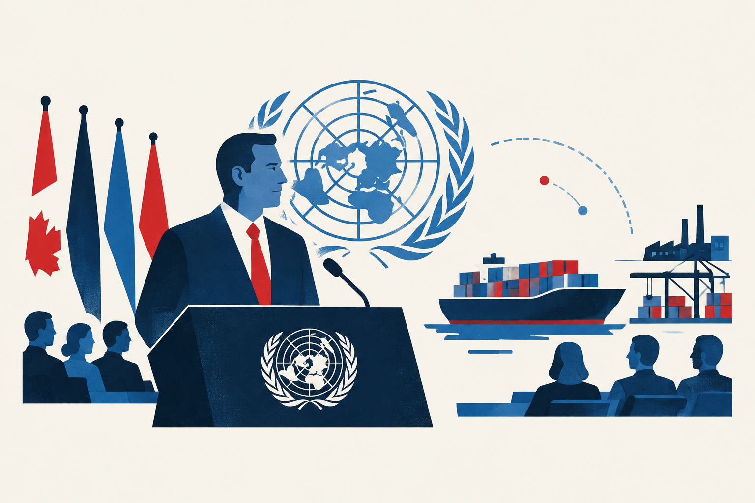 Editorial illustration representing: Carney uses UN meetings to advance Canada’s middle-power strategy amid U.S. trade tensions