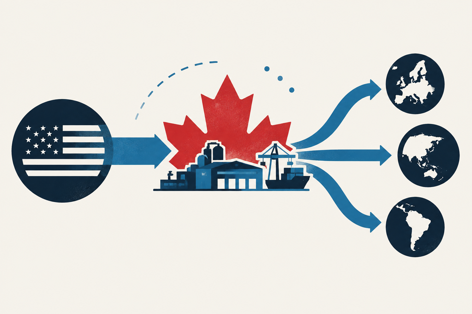 Editorial illustration representing: Carney outlines strategy to reduce Canada’s reliance on U.S. suppliers and relationships