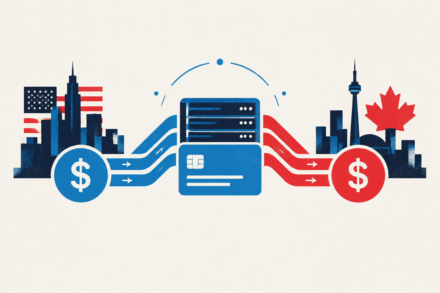 Editorial illustration representing: Experts warn U.S.-controlled payment networks could become a new pressure point for Canada