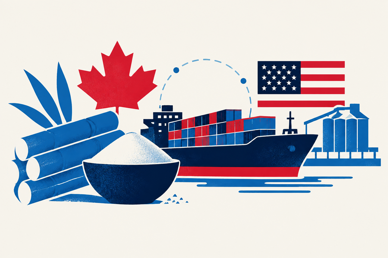 Editorial illustration representing: USTR Completes FY 2027 Raw Cane Sugar Quota Allocation